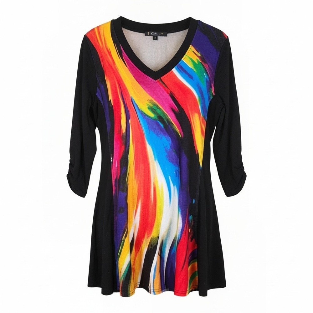 LOR Paris Tunic Top S Multicolor Abstract Swirl V-Neck 3/4 Sleeve LS255-SWIRLS